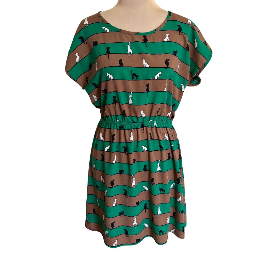 Namu USA Cat Print Striped Dress Cap Sleeve Stretch Waist Whimsical Fairy Indie